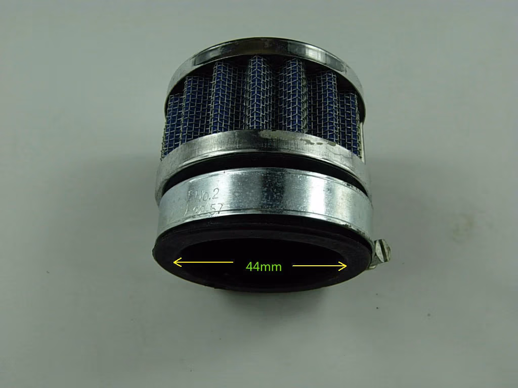 44mm Air Filter: Close-up of a motorcycle air filter with rubber mount and protective metal mesh.