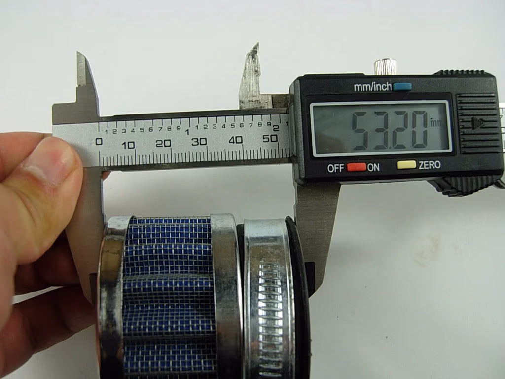 Caliper measuring 44mm Air Filter, showing a precise diameter reading of 53.20mm