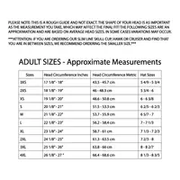 D.O.T. DAYTONA SKULL CAP sizing chart. Head circumference in inches/cm, hat sizes.